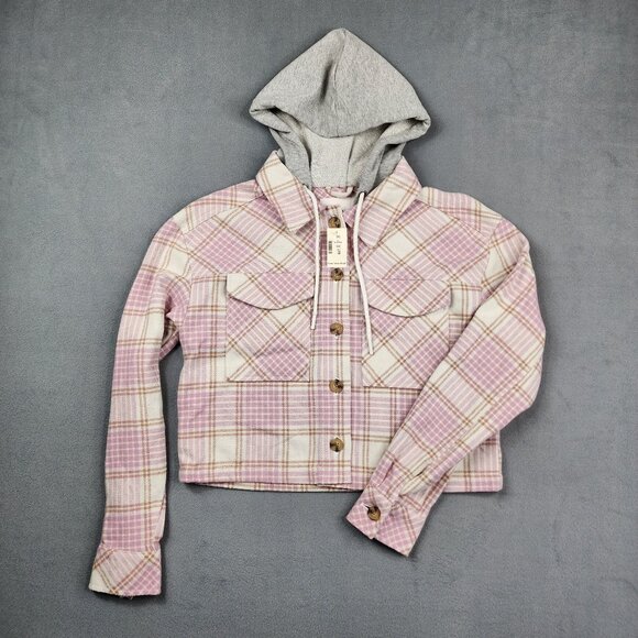 Aeropostale Hooded Button Up Flannel Shirt Womens XS Pink Check Cabincore Preppy - Picture 1 of 12